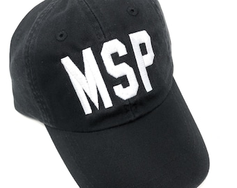 Custom Embroidered MSP  Minneapolis-St Paul International Airport Code Baseball Hat (True Black Baseball Hat with White Letters)