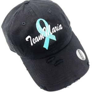 Custom Embroidered Ovarian Cancer Awareness Ribbon Distressed Baseball Hat with Personalization on Back