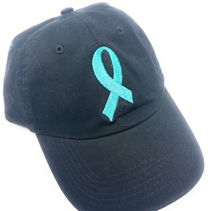 Custom Embroidered Ovarian Cancer Awareness Ribbon Baseball Hat (Black Hat with Teal Ribbon- Badass Warrior on the Back)
