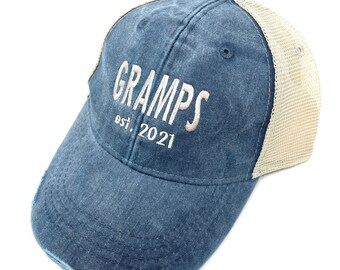 Custom Embroidered GRAMPS year est. Adams Pigment Dyed Distressed Truck Hat.