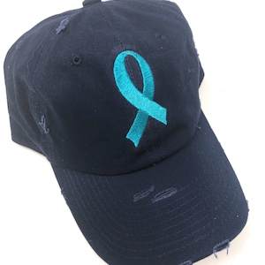 Custom Embroidered Ovarian Cancer Awareness Ribbon Distressed Baseball Hat (Navy hat with Teal Ribbon)