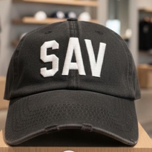 Embroidered SAV Airport Code Baseball Hat - Savannah Navy Cap with White Letters -  Distressed