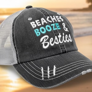 Custom Embroidered Beach Booze Besties Baseball Hats - Bachelorette Party Girls Trip Weekend Caps