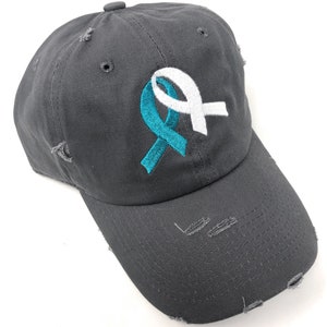 Custom Embroidered Double Awareness Ribbon Distressed Baseball Hat (Grey Distressed Baseball Hat)