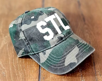 STL Airport Code Camo Hat - Embroidered Any City Camouflage Baseball Cap - Camo Saint Louis Airport Code Hat