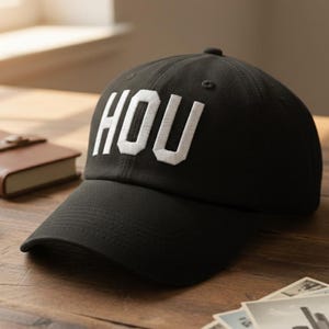HOU Airport Code Embroidered Houston Baseball Cap - William P. Hobby Aviation Hat Gift Pigment Dyed Black with White Letters