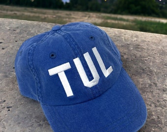 Custom Embroidered TUL Tulsa International Airport Code Baseball Hat (Pigment Dyed Royal Blue with White Letters)