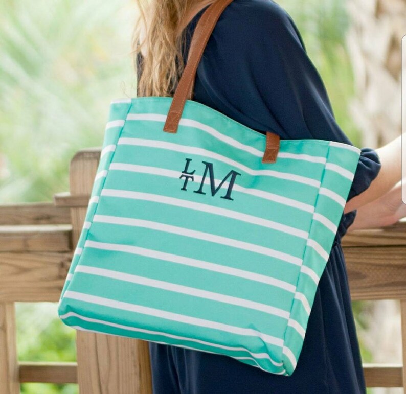 Monogrammed Striped Canvas Tote Bag Embroidered Navy Pink Etsy