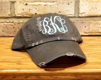 Monogrammed Distressed Baseball Hats - Embroidered, Personalized Ball Cap, Custom, Torn, Vintage Hat with Monogram,