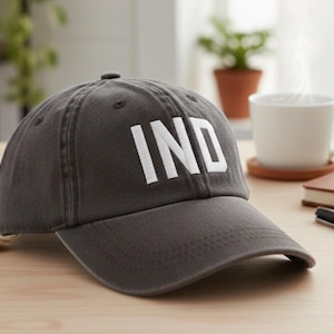 Custom Embroidered IND Indianapolis Airport Code Baseball Hat Espresso Cream Aviation Gift Trucker Cap