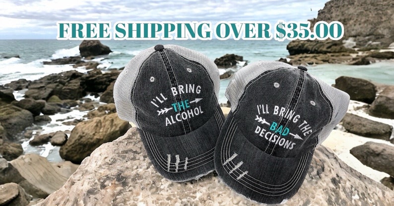 Custom Embroidered I'll Bring the Alcohol /I'll Bring the Bad Decisions Arrow Distressed Trucker Hats image 1