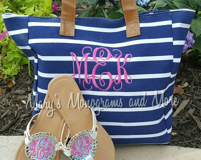 Monogrammed Striped Canvas Tote Bag - Embroidered Navy, Pink, Mint, and Aqua Summer Personalized Beach Bag - Canvas Purse, Striped Tote
