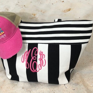Custom Embroidered Monogrammed Black and White Striped Tote/Beach Bag