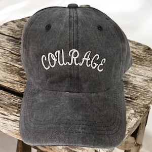 Custom Embroidered “Courage” Cancer Awareness Baseball Hat- pigment dyed black