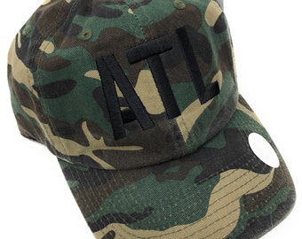 Custom Embroidered ATL  Hartsfield-Jackson Atlanta International Airport Code Baseball Hat (pigment dyed camo with black letters)