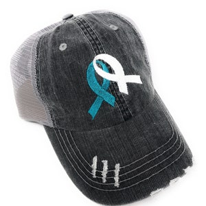 Custom Embroidered Double Awareness Ribbon Trucker Hat  (Teal and White)