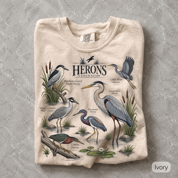 Heron Birdwatching Shirt, Comfort Colors Vintage Wetland Bird Tee, Field Guide Nature T-Shirt, Bird Lover Gift, Wildlife Shirt for Birders