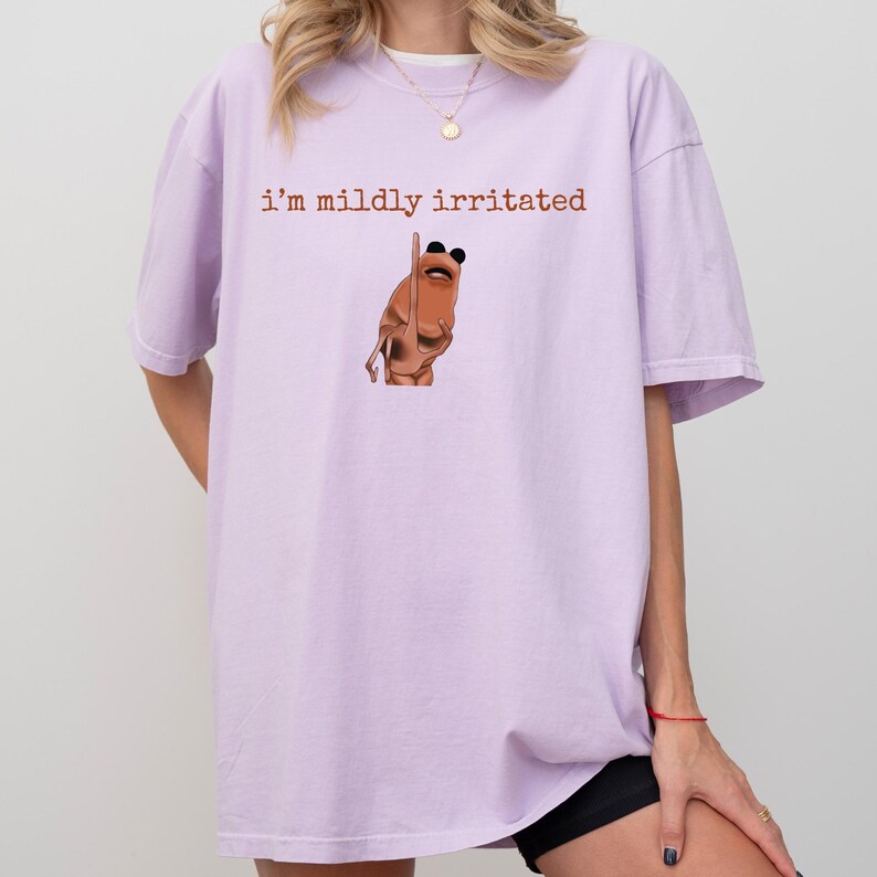 May include: A lilac t-shirt with the text "i'm mildly irritated" in brown. The shirt features a cartoon illustration of a brown figure with black sunglasses. The shirt is a casual, oversized style.