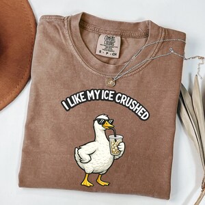 May include: A brown t-shirt with a cartoon duck wearing sunglasses and drinking from a cup. The text "I LIKE MY ICE CRUSHED" is above the duck. A silver necklace and a brown hat are also visible in the image.