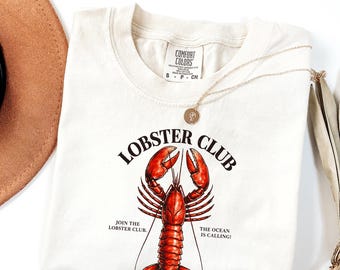 Camiseta Lobster Club, Camiseta Vintage Comfort Colors para Amantes de Lagosta, Camiseta com Estética Oceânica, Presente para Amantes de Frutos do Mar, Camiseta de Praia de Verão, Camiseta com Tema Costeiro