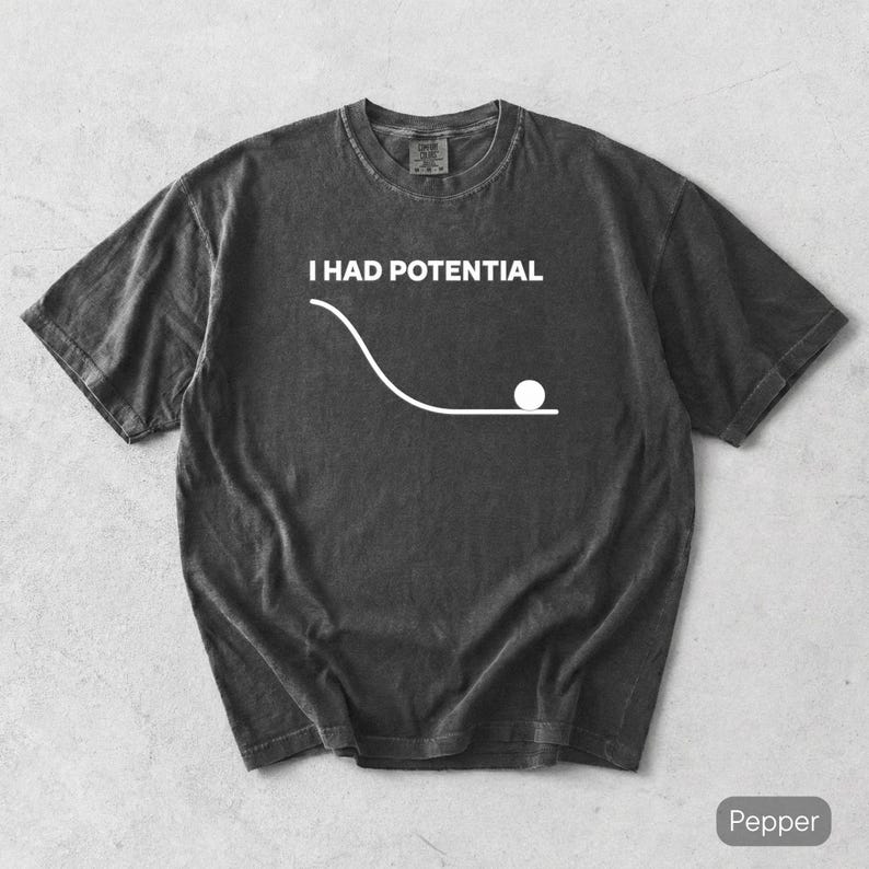 Pode incluir: Uma t-shirt de manga curta cinzento-carv&atilde;o com o texto branco I HAD POTENTIAL acima de um gr&aacute;fico de uma curva descendente que termina numa linha plana com um pequeno c&iacute;rculo branco sobre a parte horizontal da linha.