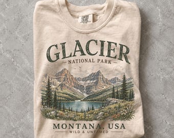 Camiseta vintage do Parque Nacional Glacier, Comfort Colors, camiseta com estampa de montanha de Montana, camiseta retrô para trilhas, presente para aventuras ao ar livre na natureza