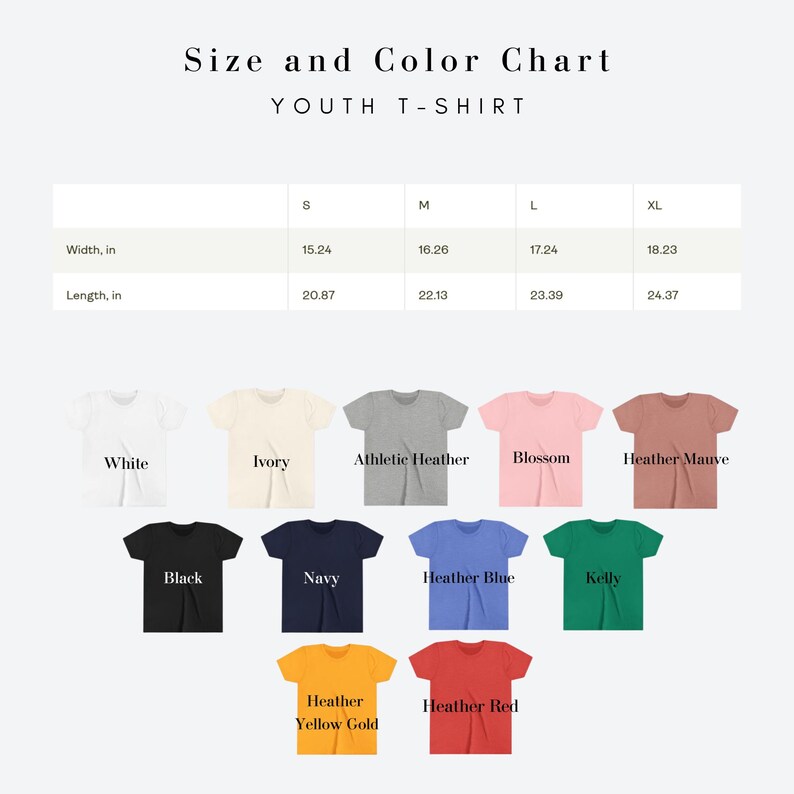 May include: A size and colour chart for youth t-shirts. The chart displays various colours, including white, ivory, black, navy, and heather yellow gold. Measurements are provided in inches for width and length across sizes S, M, L, and XL.