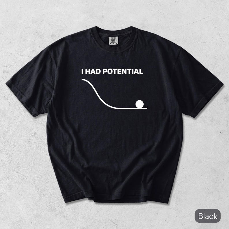 Pode incluir: Uma t-shirt preta de manga curta com um gr&aacute;fico branco de um diagrama de f&iacute;sica que mostra uma bola na parte inferior de uma curva. O texto "I HAD POTENTIAL" est&aacute; impresso em letras mai&uacute;sculas brancas acima do gr&aacute;fico.