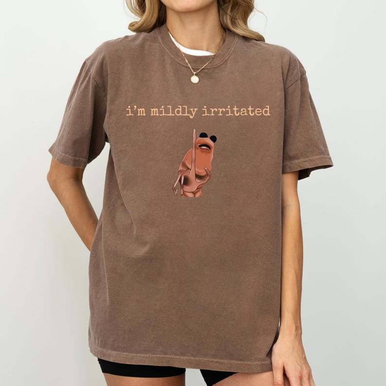 May include: Brown t-shirt with the text "i'm mildly irritated" in a light brown font. The shirt features a cartoon illustration of a frog wearing sunglasses. The shirt is a casual, unisex style.