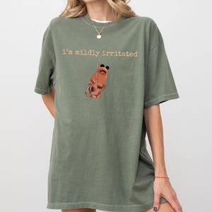 May include: An olive green t-shirt with the text "i'm mildly irritated" in a light brown font. The shirt features a cartoon illustration of a face with sunglasses. The t-shirt is a casual, oversized style.