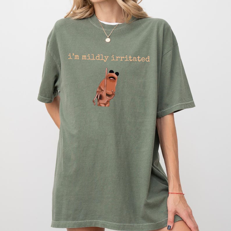 May include: An olive green t-shirt with the text "i'm mildly irritated" in a light brown font. The shirt features a cartoon illustration of a face with sunglasses. The t-shirt is a casual, oversized style.