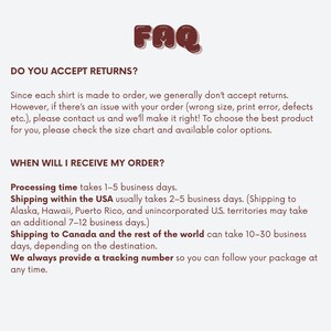 May include: A white background with the word "FAQ" in a brown, cartoonish font at the top. Below, text addresses returns and order delivery times, including processing and shipping details.