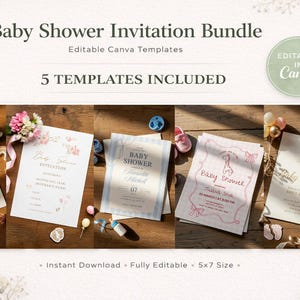 Puede incluir: Un paquete de invitaciones para baby shower con cinco plantillas. Las invitaciones se muestran sobre una superficie de madera con elementos decorativos. El texto "Baby Shower Invitation Bundle" y "5 TEMPLATES INCLUDED" son visibles.