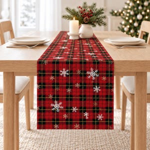 Christmas Plaid Table Runner with Snowflakes, Red Green Tartan & Scottish Plaid Xmas Table Decor, Festive Dresser Scarf