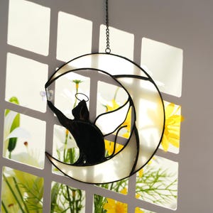Stained Glass Cat on Moon Suncatcher,  Glass Window Hangings Suncatcher, Pet Lost Gift, Cat Lover Gift, Garden Decor, Gift for Her