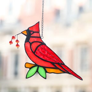 Handmade Red Cardinal Window Hanging, Stained Glass Birds Suncatcher, Bird Lover Gift,Glass Art, Housewarming Gift,Christmas Gift