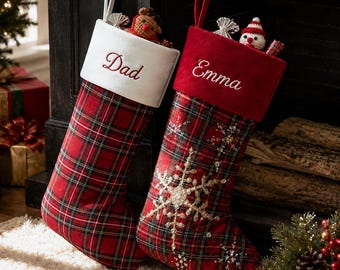 Personalized Plaid Christmas Stocking, English Style Custom Embroidered Name Family Stockings, Farmhouse Xmas Home Decor
