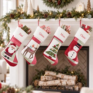 Calcetín navideño de patchwork personalizado 2026, calcetín con nombre bordado a medida, decoración navideña para la chimenea familiar.