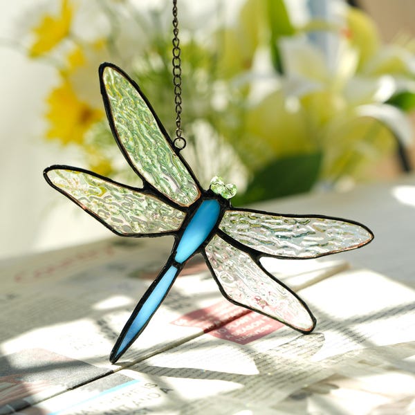 Atrapasueños de libélula de vidrieras, arte de jardín azul, decoración de vidrio artesanal