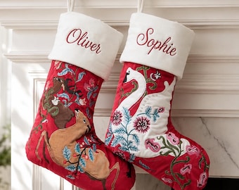 Personalized Family Mantel Christmas Stocking, Custom Embroidered Name Deer & Swan Stocking, Xmas Gift for Kids