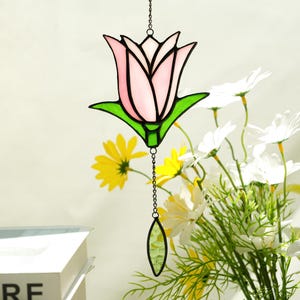 Pink Tulip Stained Glass Window Hanging, Tulip Glass Suncatcher, Window Hanging Decor, Wedding Gift, Garden Decoration, Birthday Gift