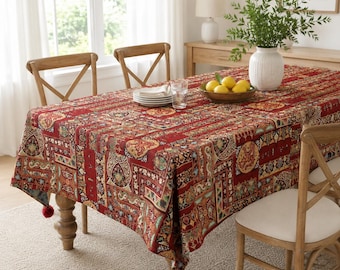 Bohemian Red Jacquard Tablecloth with Pom-pom Fringe,Rustic Farmhouse Linen Look Table Cover, Elegant Dining Decor