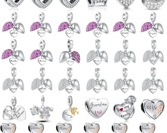 925 Sterling Silver Family Heart Charm for Bracelet, Sister Mom Dad Wife Daughter Grandma Nana Charms, Silver Dangle Charm, Gift for Her