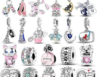 925 Sterling Silver Charms: Cat, Dog, Flower, Heart, Zircon Pendant for Bracelet Making Gift For Her