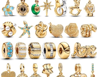 Dijes de corazón de circonita cúbica chapados en oro sobre plata que se adaptan a pulseras de estilo europeo, regalo para ella