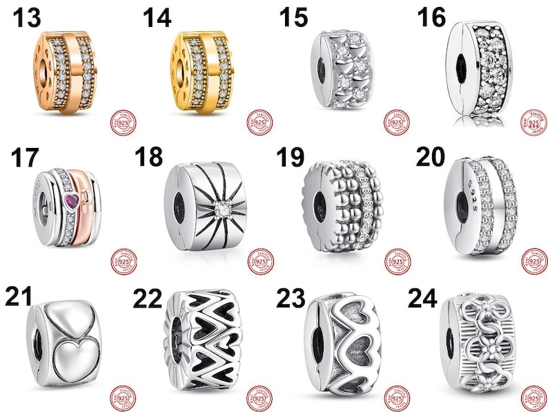 Op de afbeelding: Een verzameling zilver- en goudkleurige bedel kralen met diverse ontwerpen. Sommige kralen hebben heldere kristallen, terwijl andere hart-, bloemen- of geometrische patronen hebben. Elke kraal is een clip-on stijl, geschikt voor armbanden.