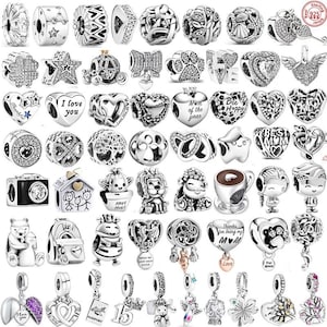 Può includere: Una collezione di charm in argento sterling con vari disegni. I charm includono cuori, stelle, impronte di zampe e altri elementi decorativi. Alcuni charm hanno testo, come "I love you" e "Mom of the year".