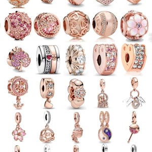 May include: A collection of rose gold-toned charm beads and pendants. Designs include hearts, flowers, leaves, and other decorative elements. Some charms feature clear and pink crystals. The charms are designed to be added to a bracelet or necklace.