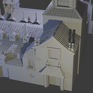 May include: A detailed architectural model of a building with multiple rooflines, chimneys, and dormers. The model is rendered in a monochromatic palette, showcasing the structure's intricate design and features. The building has a classical style.