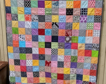 Multicolour scrap quilt - single bed / lap quilt / throw with red backing- dorm present, seasonal gift - gift of warmth